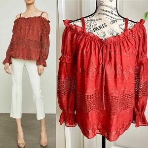 BCBGMaxAzria Off-The-Shoulder Embroidered Peasant Blouse Tandoori Spice Sz XXS